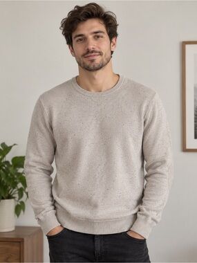 Frank & Oak Men Large Cotton Blend Speckled Knit Crewneck Sweater Elbow Patch